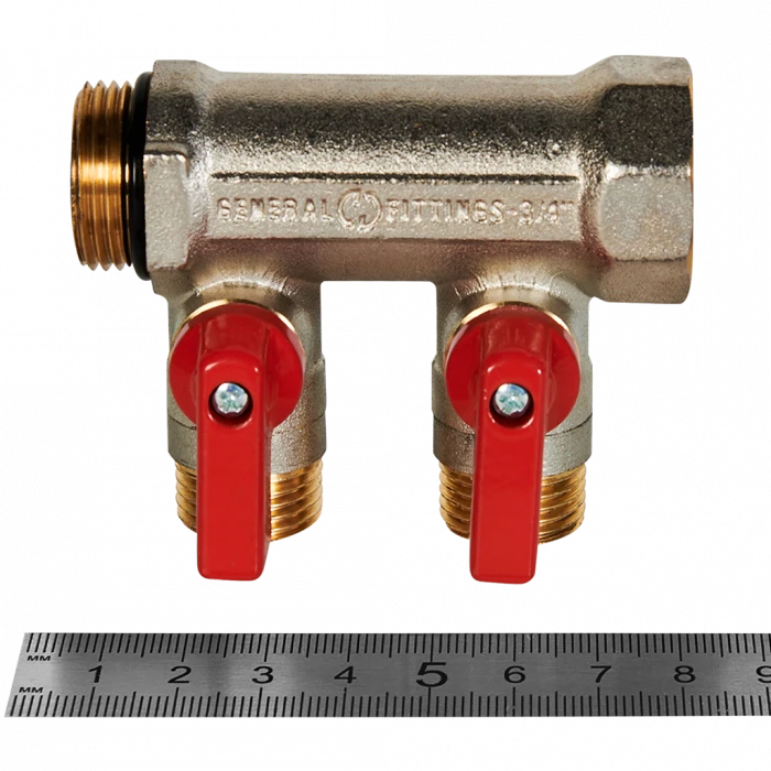 Коллектор с шаровыми кранами STOUT 3/4 , 2 отвода 1/2  (красные ручки)
