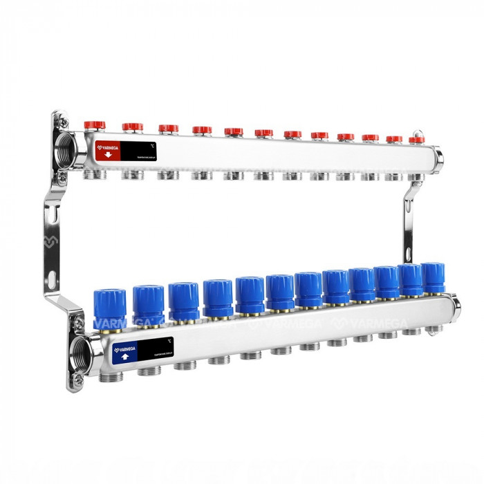 Распределительный коллектор (группа) для отопления Varmega VM15512 ВР 1", на 12 контуров 3/4" EK, нержавеющая сталь