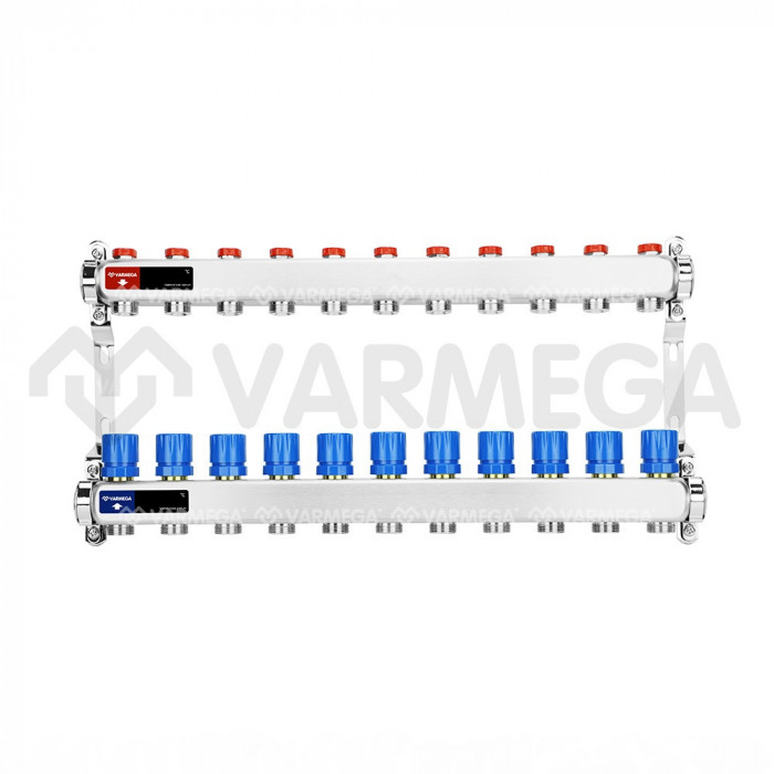 Распределительный коллектор (группа) для отопления Varmega VM15511 ВР 1", на 11 контуров 3/4" EK, нержавеющая сталь