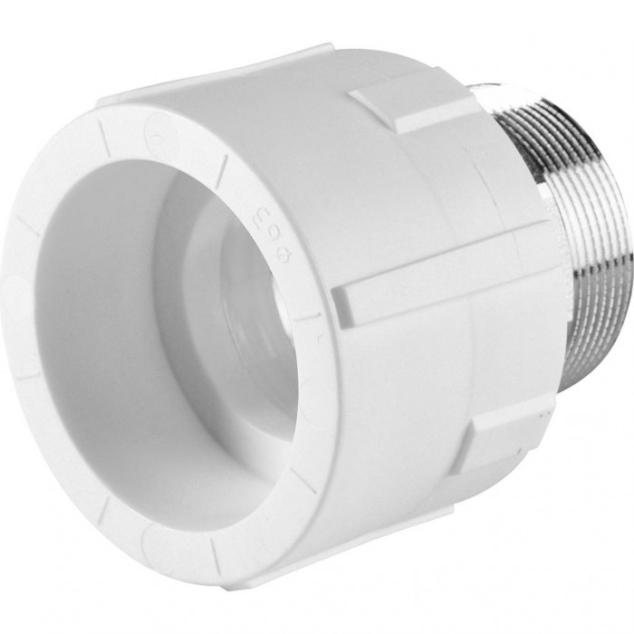 Муфта комбинированная Политэк 63x2 под шестигранник наруж. резьба для полипропиленовых труб под сварку (цвет белый)