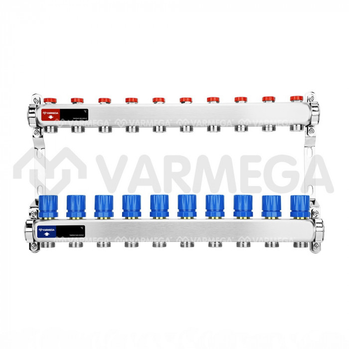 Распределительный коллектор (группа) для отопления Varmega VM15510 ВР 1", на 10 контуров 3/4" EK, нержавеющая сталь