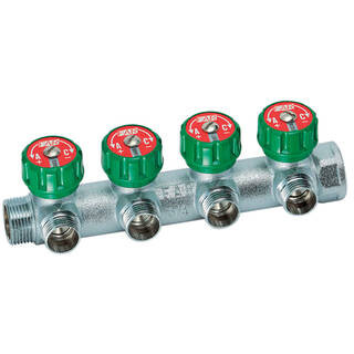 FK 3824 3412 FAR Коллектор распределительный 3/4 , проходной, хромированный, 4 отвода 1/2  ЕК