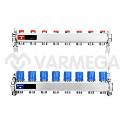 Распределительный коллектор (группа) для отопления Varmega VM15508 ВР 1&quot;, на 8 контуров 3/4&quot; EK, нержавеющая сталь