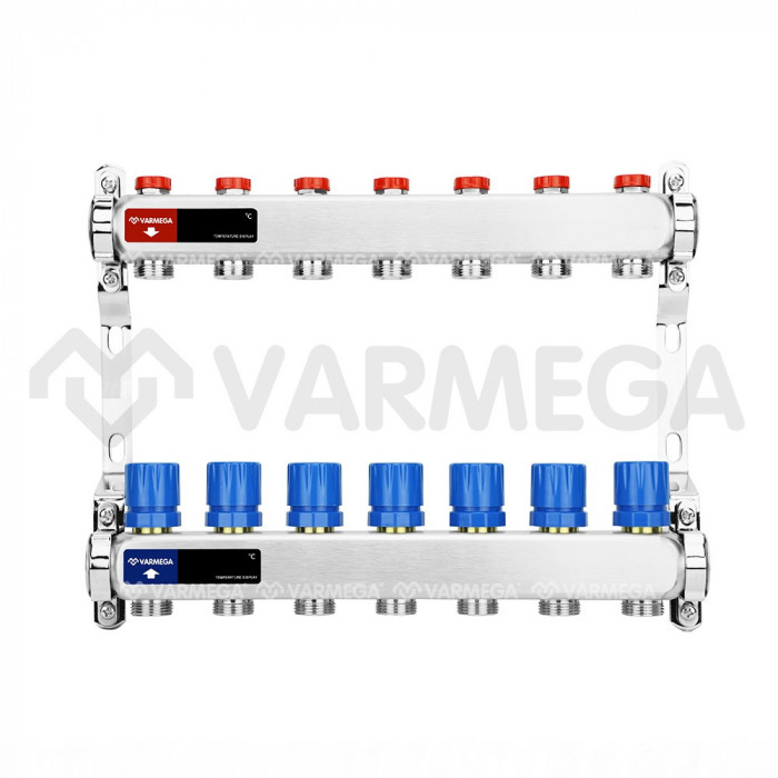 Распределительный коллектор (группа) для отопления Varmega VM15507 ВР 1", на 7 контуров 3/4" EK, нержавеющая сталь