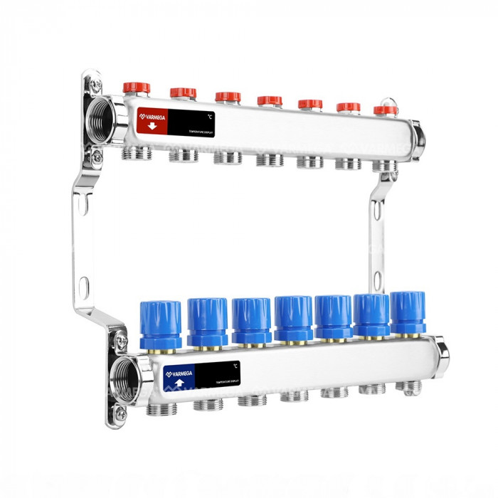Распределительный коллектор (группа) для отопления Varmega VM15507 ВР 1", на 7 контуров 3/4" EK, нержавеющая сталь