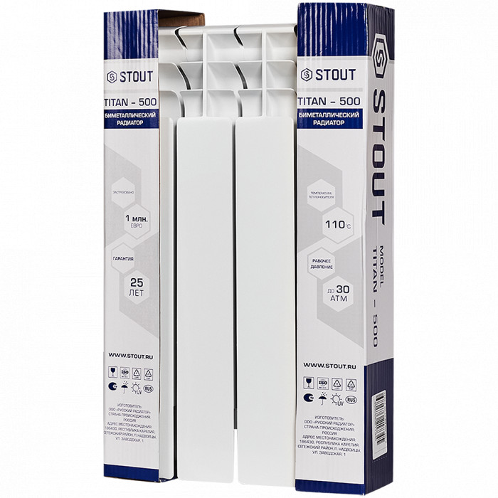 Биметаллический радиатор STOUT TITAN 500, 4 секций, боковое подключение, белый