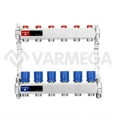 Распределительный коллектор (группа) для отопления Varmega VM15506 ВР 1&quot;, на 6 контуров 3/4&quot; EK, нержавеющая сталь