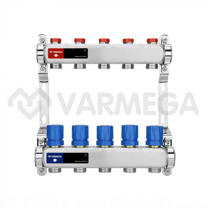 Распределительный коллектор (группа) для отопления Varmega VM15505 ВР 1", на 5 контуров 3/4" EK, нержавеющая сталь