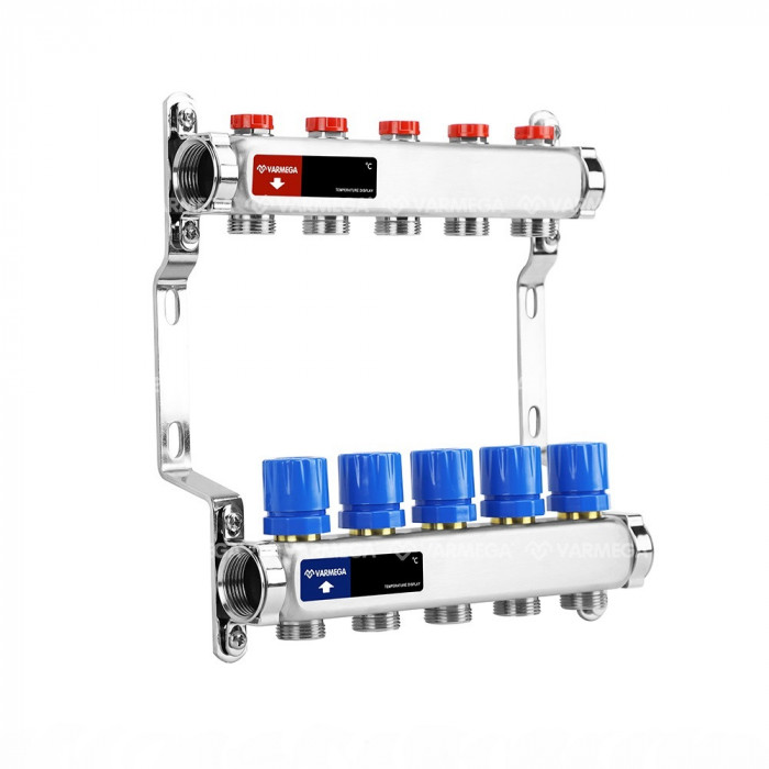 Распределительный коллектор (группа) для отопления Varmega VM15505 ВР 1", на 5 контуров 3/4" EK, нержавеющая сталь