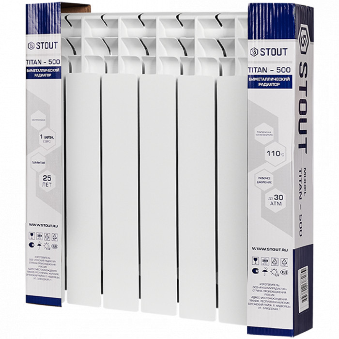 Биметаллический радиатор STOUT TITAN 500, 6 секций, боковое подключение, белый
