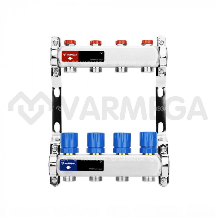 Распределительный коллектор (группа) для отопления Varmega VM15504 ВР 1", на 4 контура 3/4" EK, нержавеющая сталь