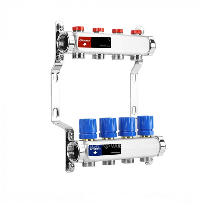 Распределительный коллектор (группа) для отопления Varmega VM15504 ВР 1", на 4 контура 3/4" EK, нержавеющая сталь