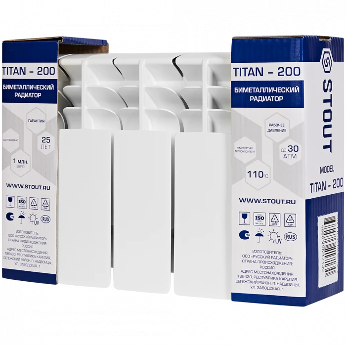 Биметаллический радиатор STOUT TITAN 200, 4 секций, боковое подключение, белый