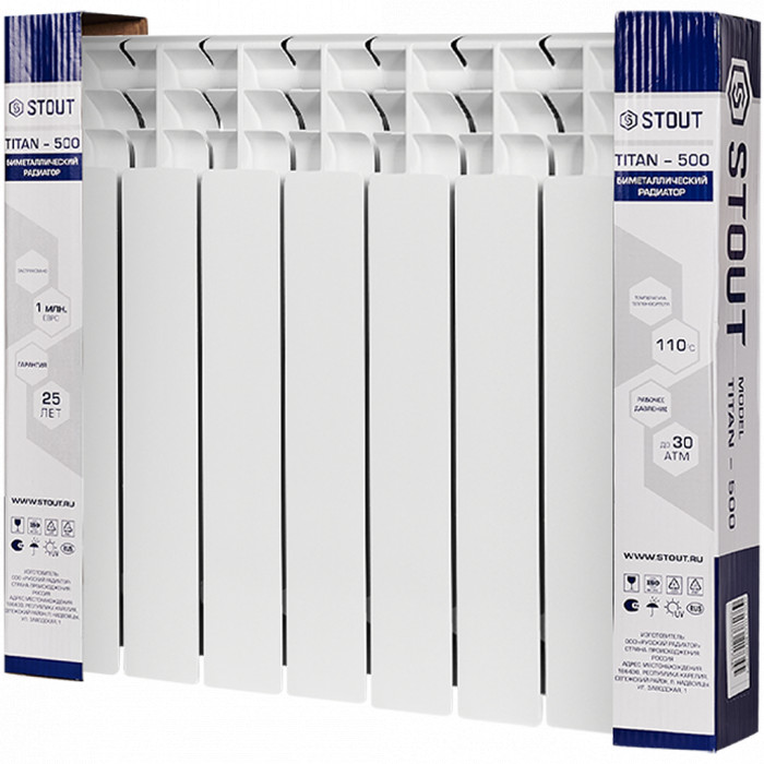 Биметаллический радиатор STOUT TITAN 500, 7 секций, боковое подключение, белый