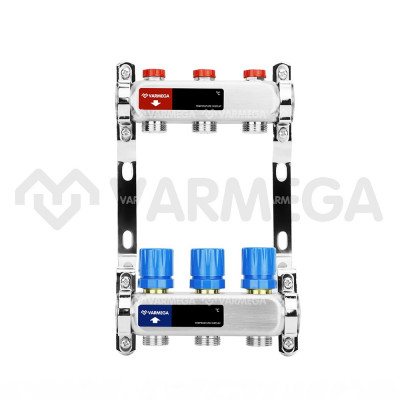 Распределительный коллектор (группа) для отопления Varmega VM15503 ВР 1&quot;, на 3 контура 3/4&quot; EK, нержавеющая сталь
