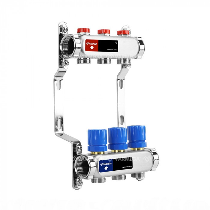 Распределительный коллектор (группа) для отопления Varmega VM15503 ВР 1", на 3 контура 3/4" EK, нержавеющая сталь