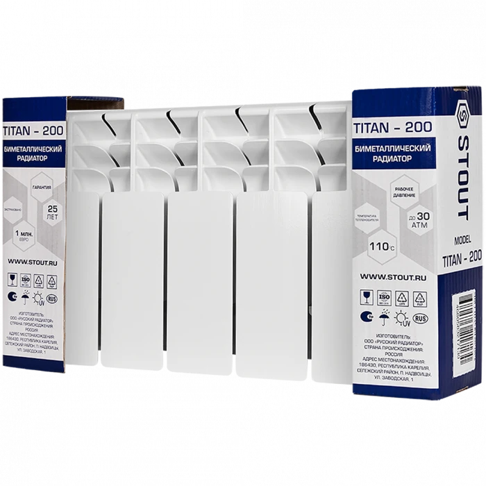 Биметаллический радиатор STOUT TITAN 200, 5 секций, боковое подключение, белый