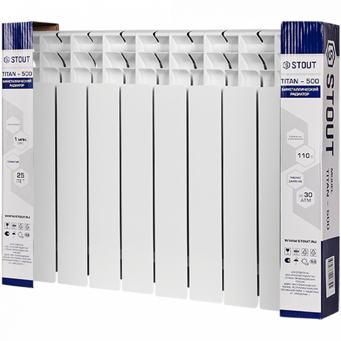 Биметаллический радиатор STOUT TITAN 500, 8 секций, боковое подключение, белый