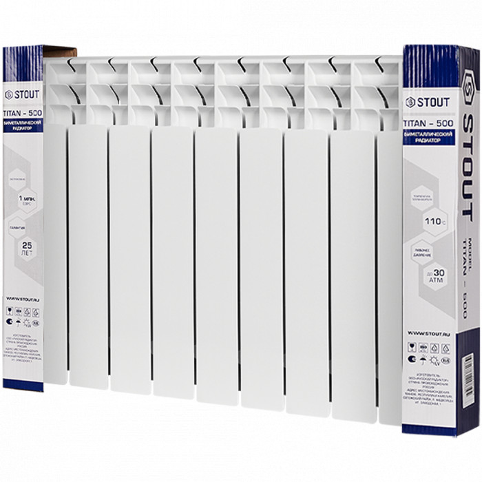 Биметаллический радиатор STOUT TITAN 500, 9 секций, боковое подключение, белый