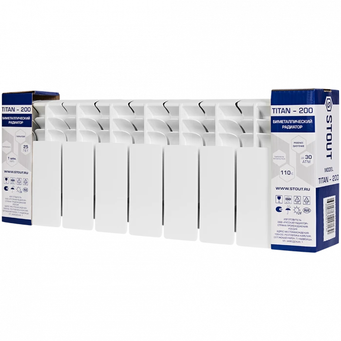 Биметаллический радиатор STOUT TITAN 200, 9 секций, боковое подключение, белый