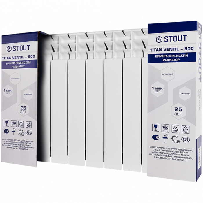 Биметаллический радиатор STOUT TITAN VENTIL 500, 10 секций, нижнее правое подключение, белый