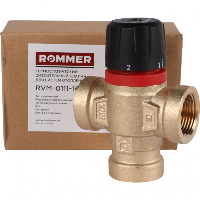 ROMMER RVM-0111-164320 Термостатический смесительный клапан для систем отопления и ГВС 3/4 ВР 20-43°С KV 1,6 (боковое смешивание)