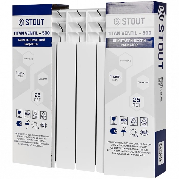 Биметаллический радиатор STOUT TITAN VENTIL 500, 6 секций, нижнее правое подключение, белый