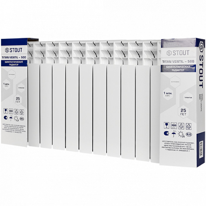 Биметаллический радиатор STOUT TITAN VENTIL 500, 12 секций, нижнее правое подключение, белый