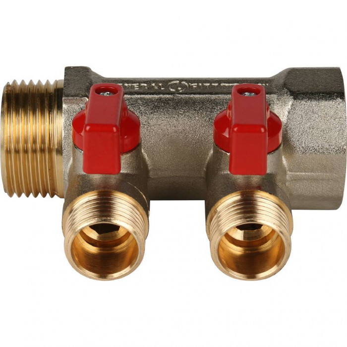 STOUT Коллектор с шаровыми кранами 1", 2 отвода 1/2" (красные ручки)