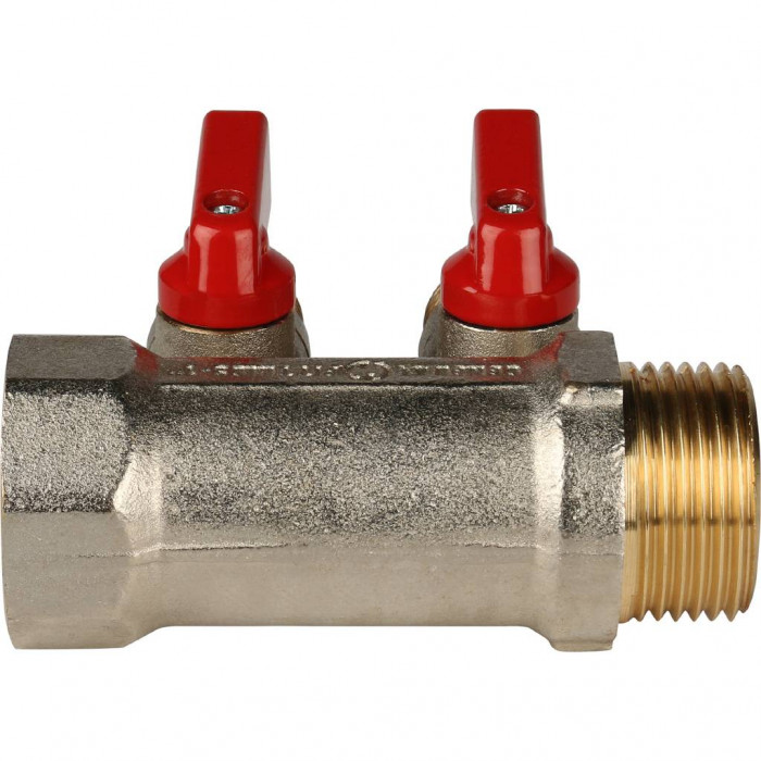 STOUT Коллектор с шаровыми кранами 1", 2 отвода 1/2" (красные ручки)