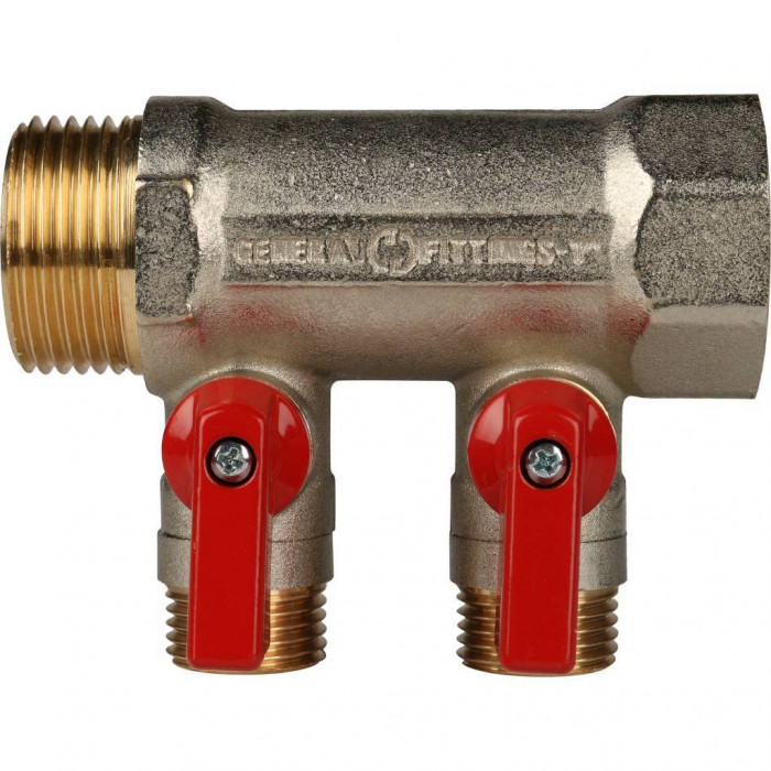 STOUT Коллектор с шаровыми кранами 1", 2 отвода 1/2" (красные ручки)