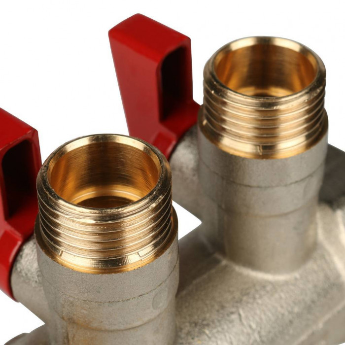 STOUT Коллектор с шаровыми кранами 1", 2 отвода 1/2" (красные ручки)