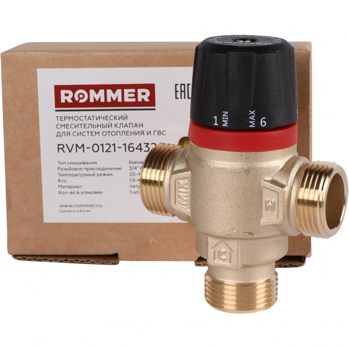 ROMMER RVM-0121-164320 Термостатический смесительный клапан для систем отопления и ГВС 3/4 НР 20-43°С KV 1,6 (боковое смешивание)