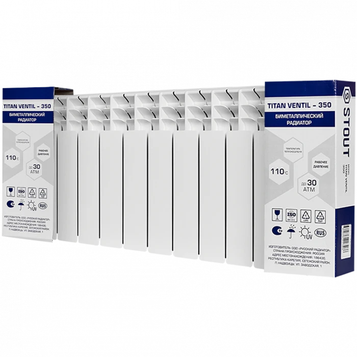 Биметаллический радиатор STOUT TITAN VENTIL 350, 11 секций, нижнее правое подключение, белый