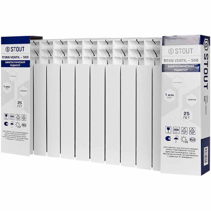 Биметаллический радиатор STOUT TITAN VENTIL 500, 11 секций, нижнее правое подключение, белый
