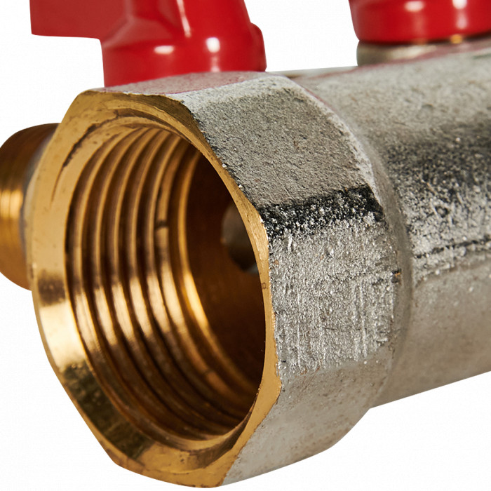 STOUT Коллектор с шаровыми кранами 1", 3 отвода 1/2" (красные ручки)