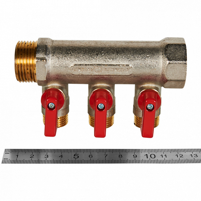 STOUT Коллектор с шаровыми кранами 1", 3 отвода 1/2" (красные ручки)