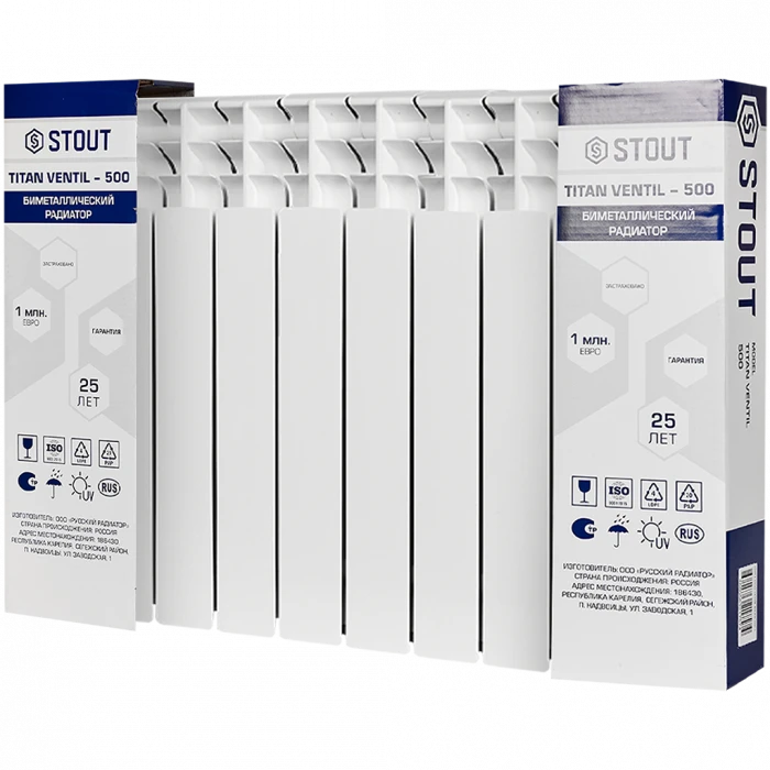Биметаллический радиатор STOUT TITAN VENTIL 500, 8 секций, нижнее правое подключение, белый