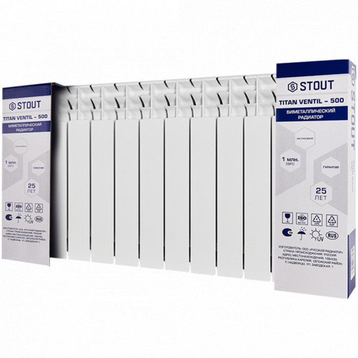 Биметаллический радиатор STOUT TITAN VENTIL 500, 13 секций, нижнее правое подключение, белый