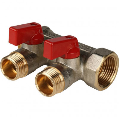 STOUT Коллектор с шаровыми кранами 3/4&quot;, 2 отвода 1/2&quot; (красные ручки)