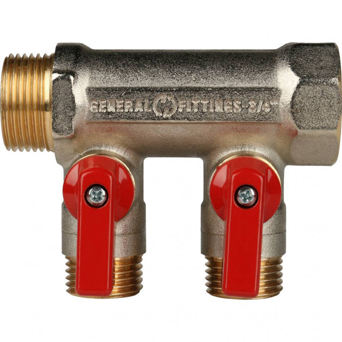 STOUT Коллектор с шаровыми кранами 3/4", 2 отвода 1/2" (красные ручки)