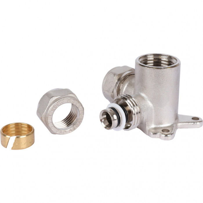 Тройник TIEMME с креплением, внутренняя резьба (16х2.0х1/2) для металлопластиковых труб винтовой