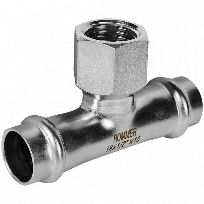 ROMMER RSS-0015-001812 ROMMER Тройник-переходник-ВР, 18х1/2, из нержавеющей стали прессовой