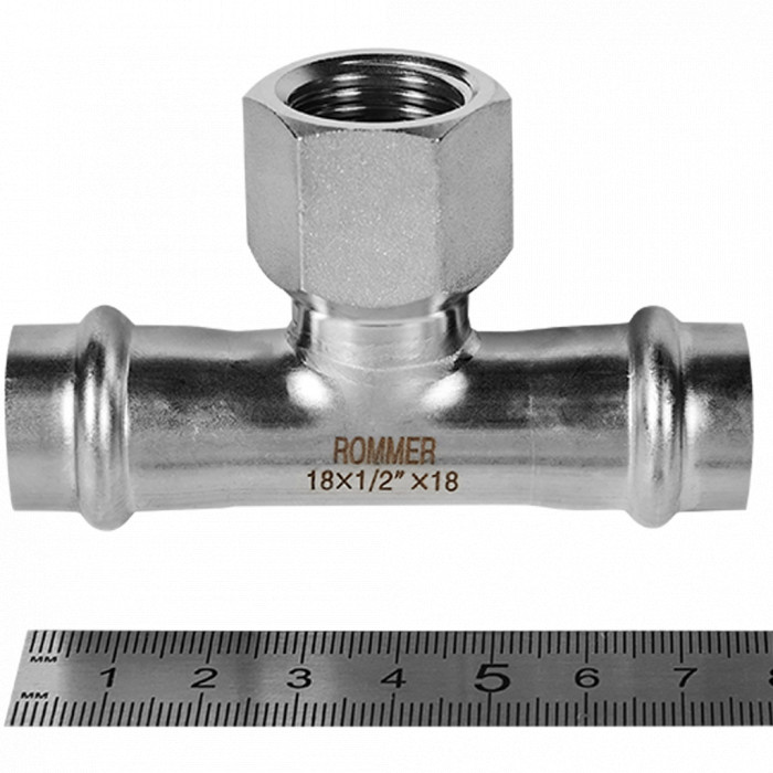 ROMMER RSS-0015-001812 ROMMER Тройник-переходник-ВР, 18х1/2, из нержавеющей стали прессовой