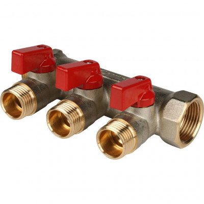 STOUT Коллектор с шаровыми кранами 3/4&quot;, 3 отвода 1/2&quot; (красные ручки)