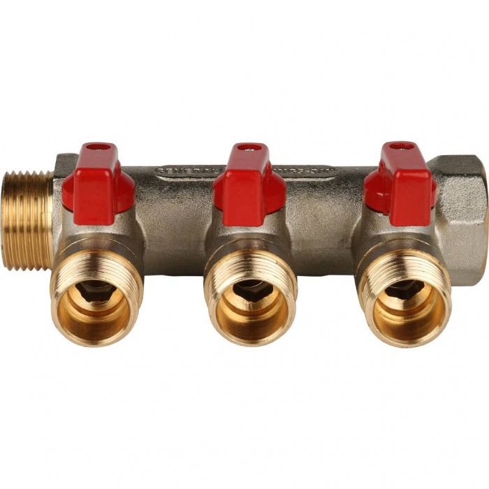 STOUT Коллектор с шаровыми кранами 3/4", 3 отвода 1/2" (красные ручки)