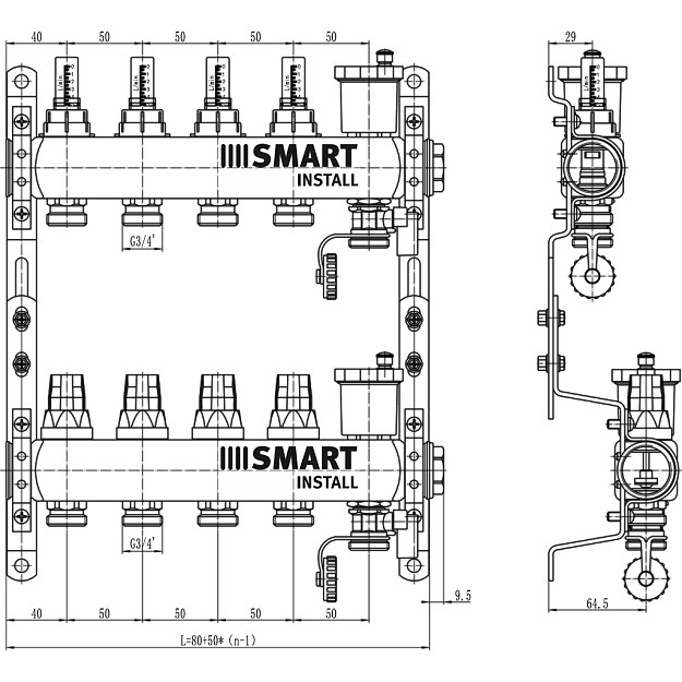 Комплект коллекторов Smart Install с расходомерами и термостат. клапанами 1"х3/4"ЕК-12 вых.