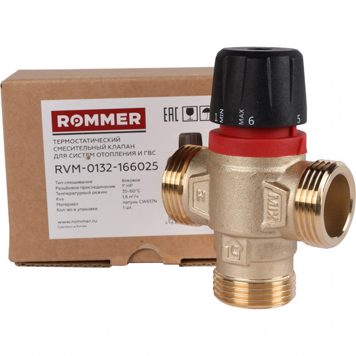 ROMMER RVM-0132-166025 Термостатический смесительный клапан для систем отопления и ГВС 1 НР 35-60°С KV 1,6 (боковое смешивание)