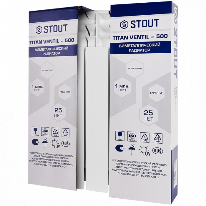 Биметаллический радиатор STOUT TITAN VENTIL 500, 4 секций, нижнее правое подключение, белый