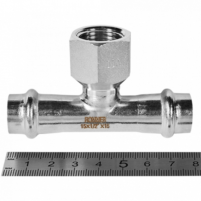 ROMMER RSS-0015-001512 ROMMER Тройник-переходник-ВР, 15х1/2, из нержавеющей стали прессовой